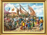 une peinture à l'huile représentant un groupe de personnes sur une plage, avec un bateau en arrière-plan