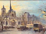 painting of a painting of a city street with a church in the background