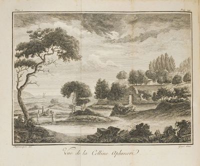dessin représentant une vue d'un village avec une rivière au premier plan et un château au loin