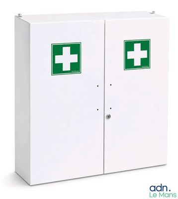 an image of a white cabinet with a green first aid sign on it