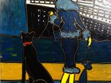 un tableau représentant une femme et un chien sur la plage
