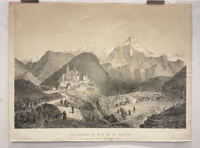 an old picture of a mountain scene with a castle in the distance