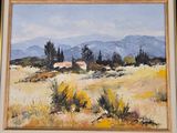 a painting of a house in a field with mountains in the background