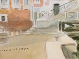a watercolor painting of a street scene with a bench