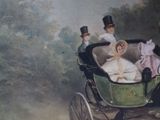 a painting of a horse drawn carriage with people riding in it