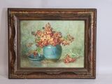 painting of flowers in a blue vase on a green background
