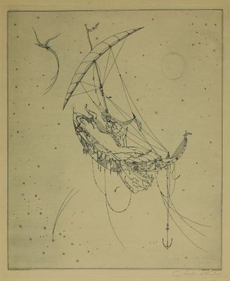 dessin représentant un bateau muni d'une voile, survolé par un oiseau
