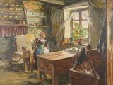 tableau représentant une femme assise à une table dans une pièce