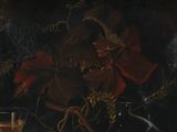 a painting of a vase of flowers and a glass of wine on a table