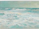 painting of a painting of the ocean with waves coming in to shore