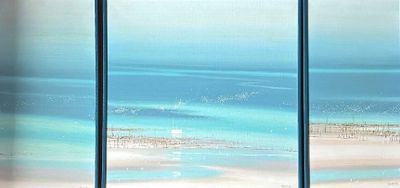 a view of a beach through a window of a room