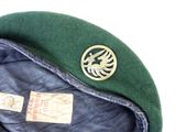 a green hat with a gold emblem on it