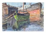 a painting of a boat in the water with other boats in the background