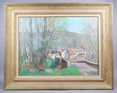 an oil painting of a bridge over a river with houses in the background