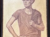painting of a man in a hat and shirt with his hands on his hips