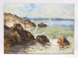 une peinture à l'huile représentant une plage rocheuse avec un voilier au loin