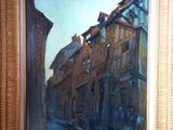 peinture à l'huile d'une scène de rue avec des bâtiments en arrière-plan
