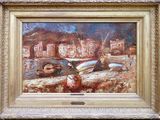 un tableau représentant des bateaux sur la rive, au bord de l'eau