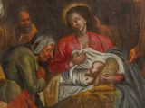 an image of a painting of a manger scene with a baby jesus