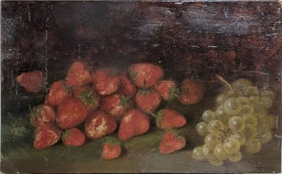painting of a bunch of strawberries and grapes on a table