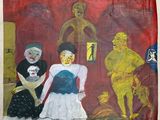 une image représentant un tableau où l'on voit un groupe de personnes debout devant un mur rouge
