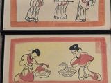 three framed pictures of asian women in various poses on a table