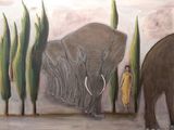 un tableau représentant un homme debout devant un troupeau d'éléphants