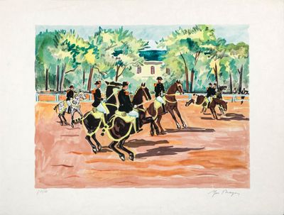 tableau représentant un groupe d'hommes à cheval dans un champ de terre battue