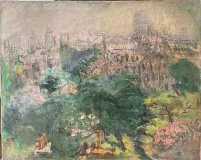 an oil painting of a painting of a city with a lot of trees