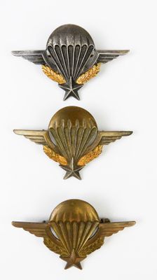 trois insignes militaires sur une surface blanche, avec un fond blanc