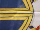 a close up of a blue and yellow flag with a gold cross on it