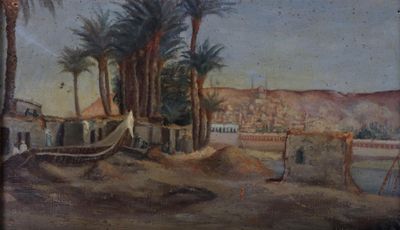 tableau représentant des palmiers et un bateau au bord d'une rivière