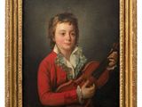 a painting of a young boy holding a violin in a gold frame