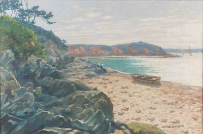 a painting of a beach with rocks and a boat in the water