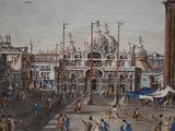 a painting of people walking around a city square