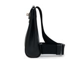 the black leather shoulder bag is open and ready to be carried