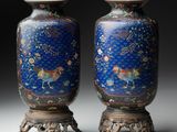 pair of chinese cloissant vases with horses and flowers on blue ground