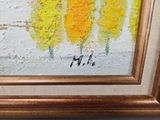 an oil painting of a group of yellow trees in a gold frame