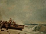 a painting of a group of men in a boat on the beach