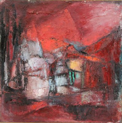 un tableau représentant un bâtiment peint en rouge et noir