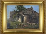une peinture à l'huile représentant une scène de campagne avec des moutons et des poules devant une maison au toit de chaume