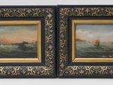 paire de peintures à l'huile représentant des navires dans un paysage