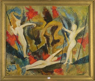 une image représentant un tableau montrant un groupe de nus dans un champ