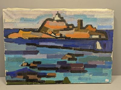 une peinture à l'huile représentant des bateaux dans un port, avec un phare en arrière-plan