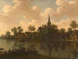 painting of a river scene with a village and a church in the distance