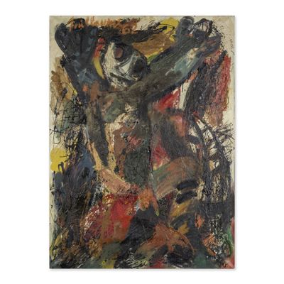 une peinture abstraite représentant un homme avec une croix sur la poitrine