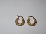 a pair of gold toned hoop earrings on a white surface