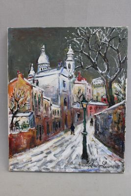 tableau représentant une rue enneigée avec une église en arrière-plan