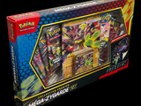 a box of pokemon cards on display on a black background
