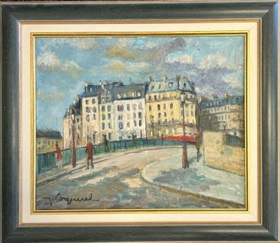 peinture à l'huile d'une scène de rue avec des bâtiments en arrière-plan